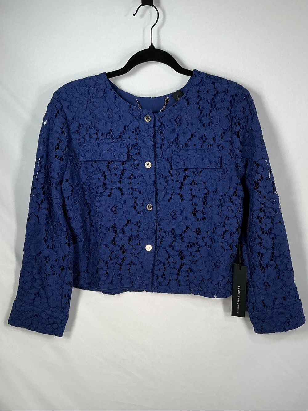 Chico's Black Label Lace Cropped Blazer Jacket Size 1 M Medium 8 Creekside Blue - Picture 11 of 16